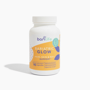 Bariatric Glow supplement bottle for hair, skin, and nail support with 90 capsules, promoting healthy post-op recovery.