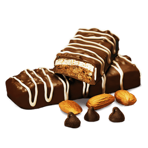 Decadent chocolate protein bars with a creamy filling, garnished with almonds and chocolate chips.