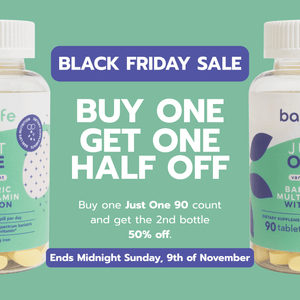 Promotional graphic for a Black Friday sale on supplement bottles with text overlay.