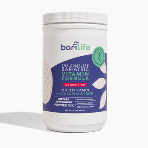 Complete Bariatric Vitamin Formula Powder in watermelon flavor, designed for bariatric patients with calcium and iron, 16.5 oz.