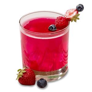 Refreshing protein drink in a glass, garnished with strawberries and blueberries, showcasing vibrant red color.