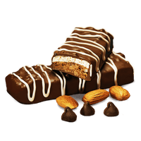 Decadent chocolate protein bars with a creamy filling, garnished with almonds and chocolate chips.