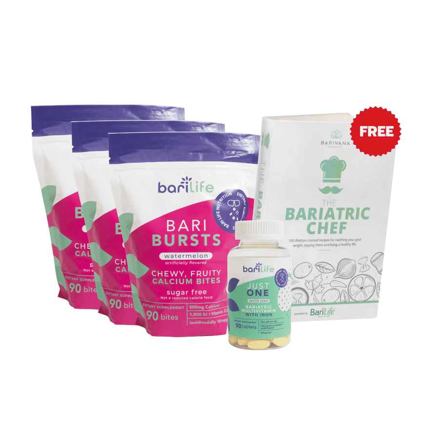Just One 90 multivitamin + 3 bags of BariBurst Watermelon calcium chews + free Bariatric Chef eCookbook
