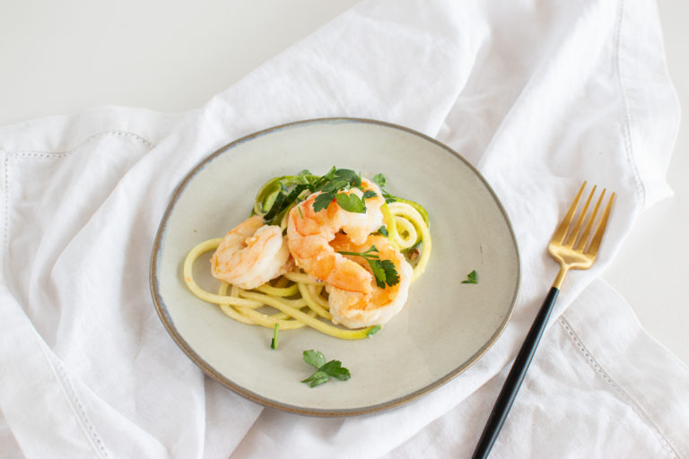 Lemon Tahini Shrimp over Zucchini Noodles